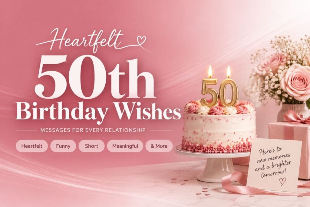 50th Birthday Wishes with a birthday cake and 50 candles