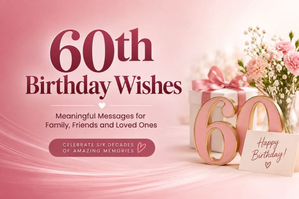 60th Birthday Wishes with a birthday gift, flowers, and decorative number 60