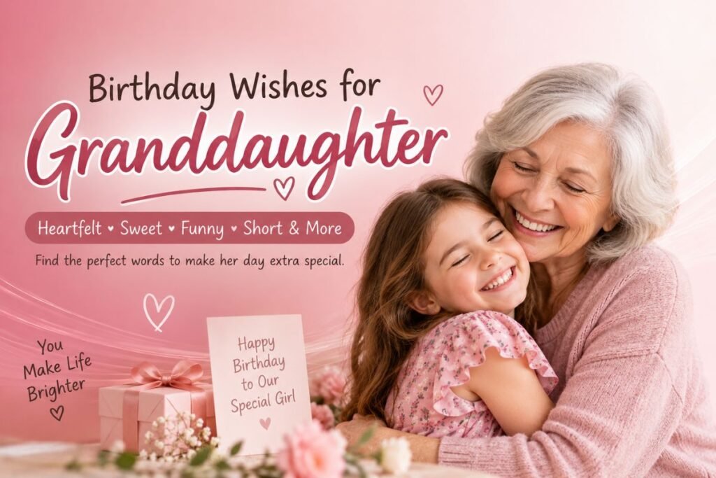 Birthday wishes for granddaughter with a warm pink background and birthday celebration design