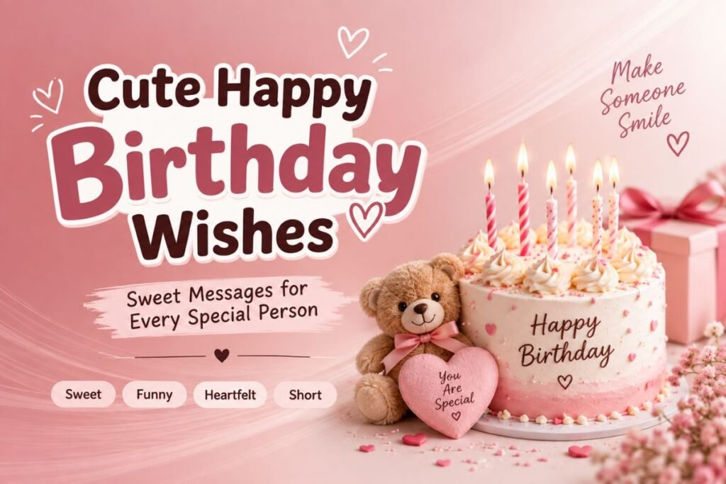 Cute happy birthday wishes with a birthday cake, candles, teddy bear, and gift