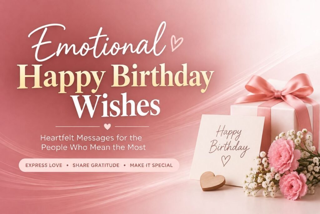 Emotional happy birthday wishes with a heartfelt birthday card, gift, and pink flowers