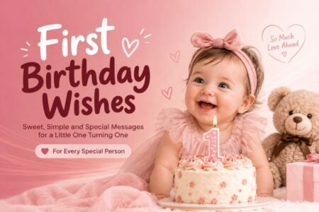 First Birthday Wishes for a Special 1st Birthday First birthday wishes with a smiling baby, birthday cake, teddy bear, and number one candle