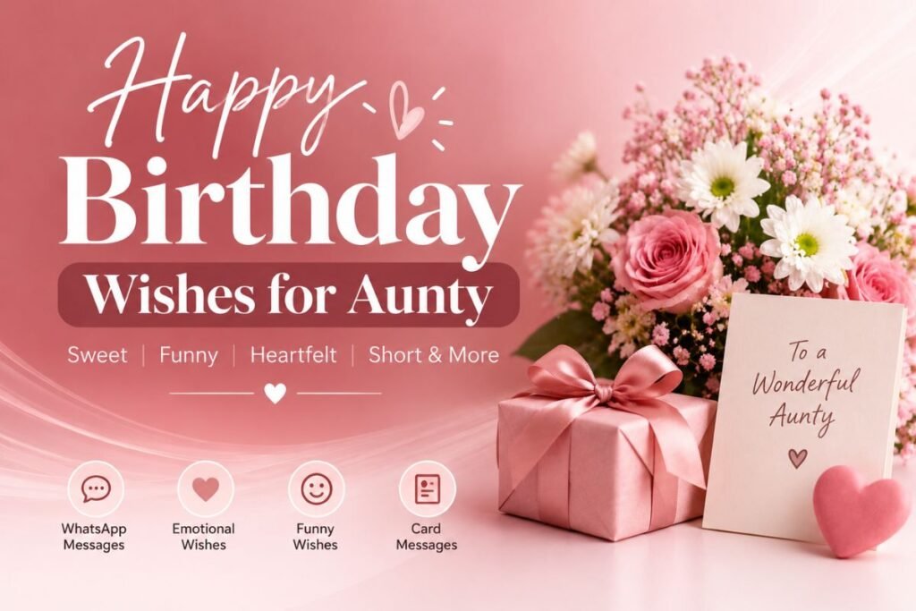 Happy Birthday Wishes for Aunty with sweet, funny, heartfelt, and short birthday messages, featuring flowers, a pink gift box, and a birthday card