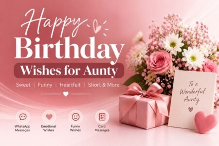 Happy Birthday Wishes for Aunty with sweet, funny, heartfelt, and short birthday messages, featuring flowers, a pink gift box, and a birthday card