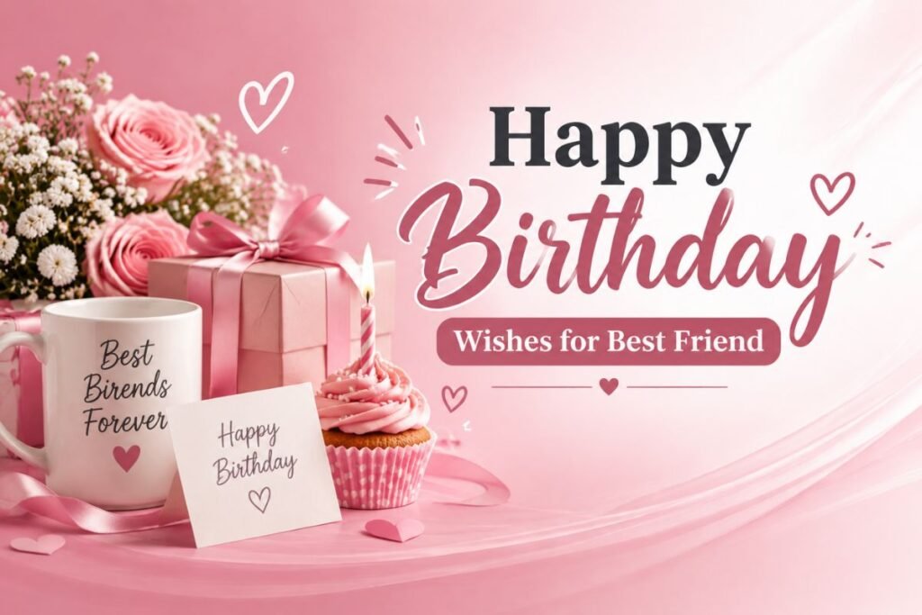 Happy Birthday Wishes for Best Friend with a birthday gift, flowers, cupcake, and friendship themed design