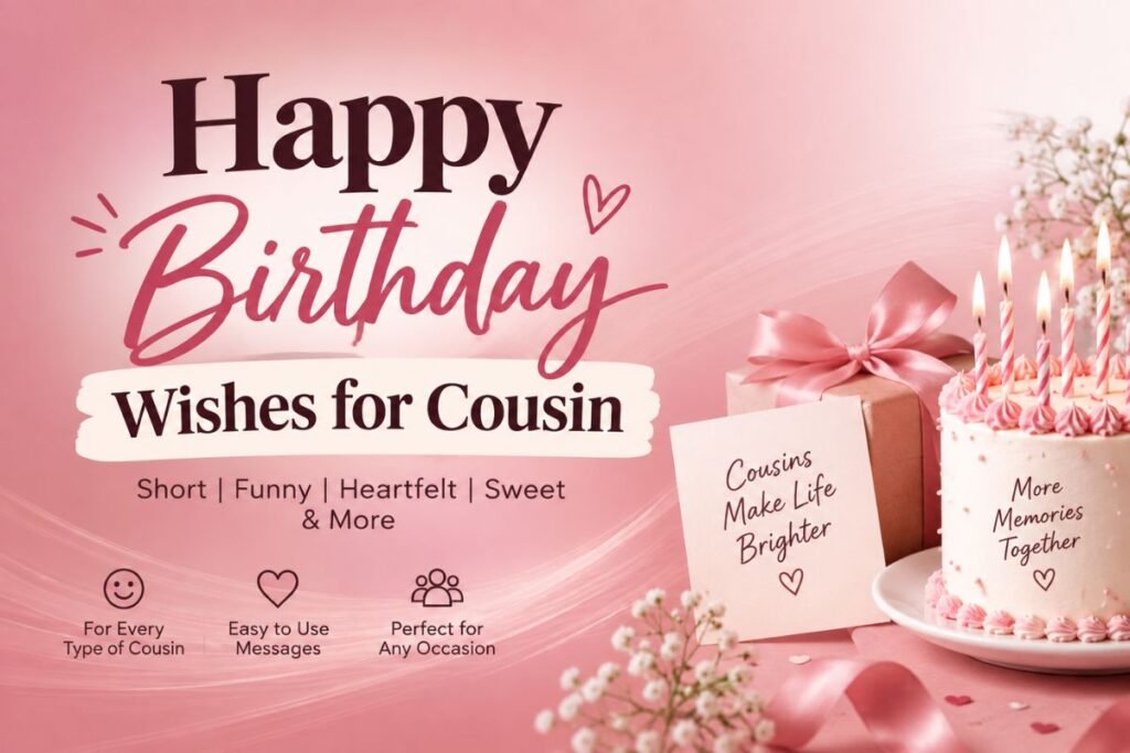 Happy Birthday Wishes for Cousin with a pink birthday cake, gift box, candles, flowers, and birthday message