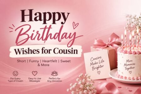 Happy Birthday Wishes for Cousin with a pink birthday cake, gift box, candles, flowers, and birthday message