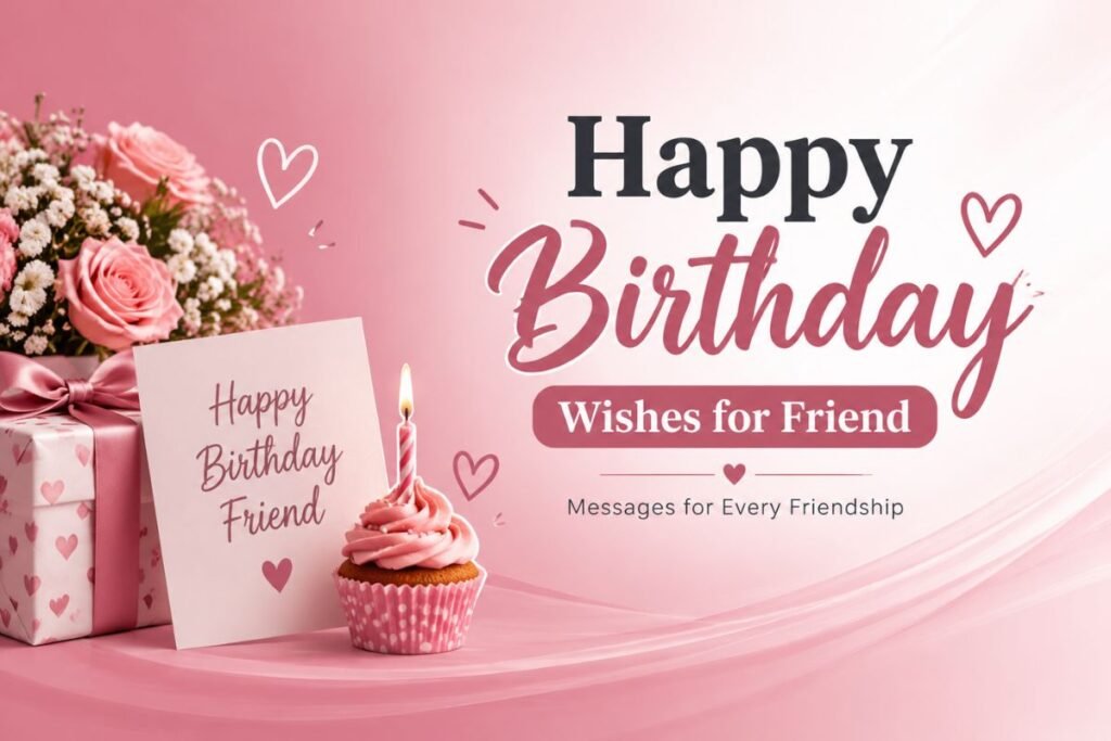 Happy Birthday Wishes for Friend with heartfelt birthday messages, gift box, flowers, and cupcake design