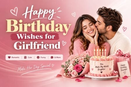 Happy birthday wishes for girlfriend with a romantic birthday celebration, cake, flowers, and couple