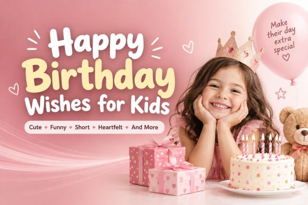 Happy Birthday Wishes for Kids with a smiling child, birthday cake, gifts, teddy bear, and pink birthday decorations