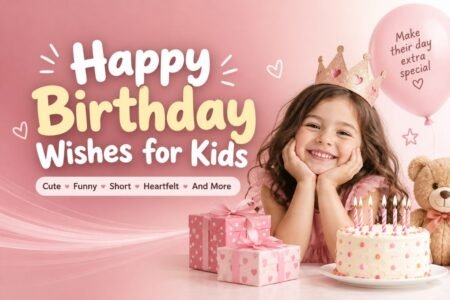 Happy Birthday Wishes for Kids with a smiling child, birthday cake, gifts, teddy bear, and pink birthday decorations