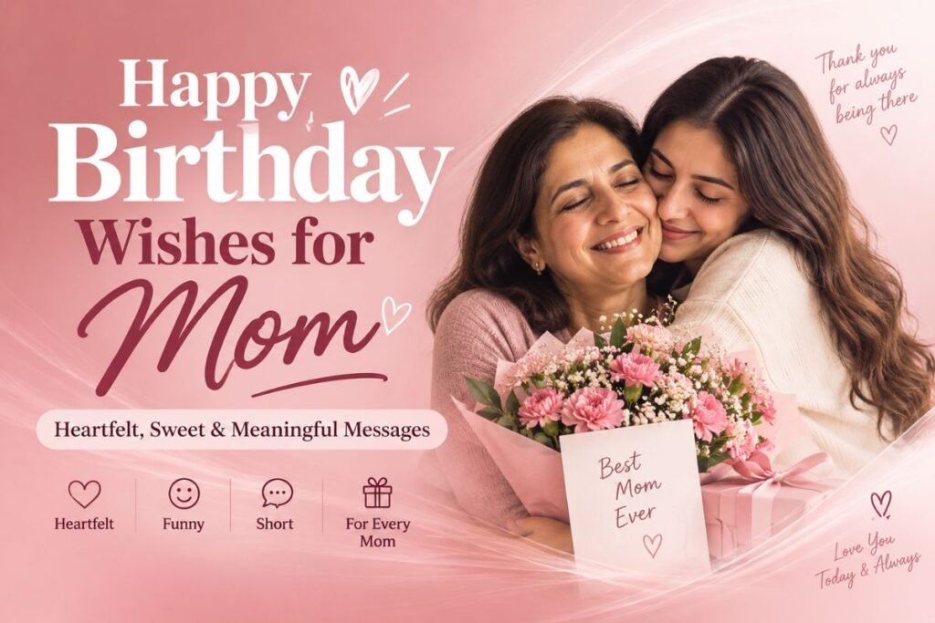 Happy Birthday Wishes for Mom with a mother and daughter celebrating together with flowers and a birthday card