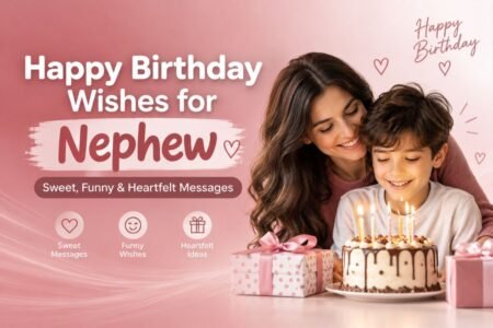Happy Birthday Wishes for Nephew with a cheerful birthday cake, balloons, and warm pink background