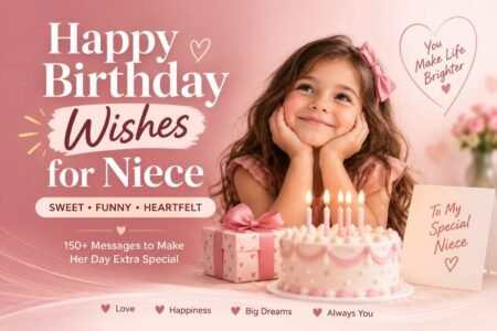 Happy Birthday Wishes for Niece with a pink birthday cake, balloons, and soft birthday decorations