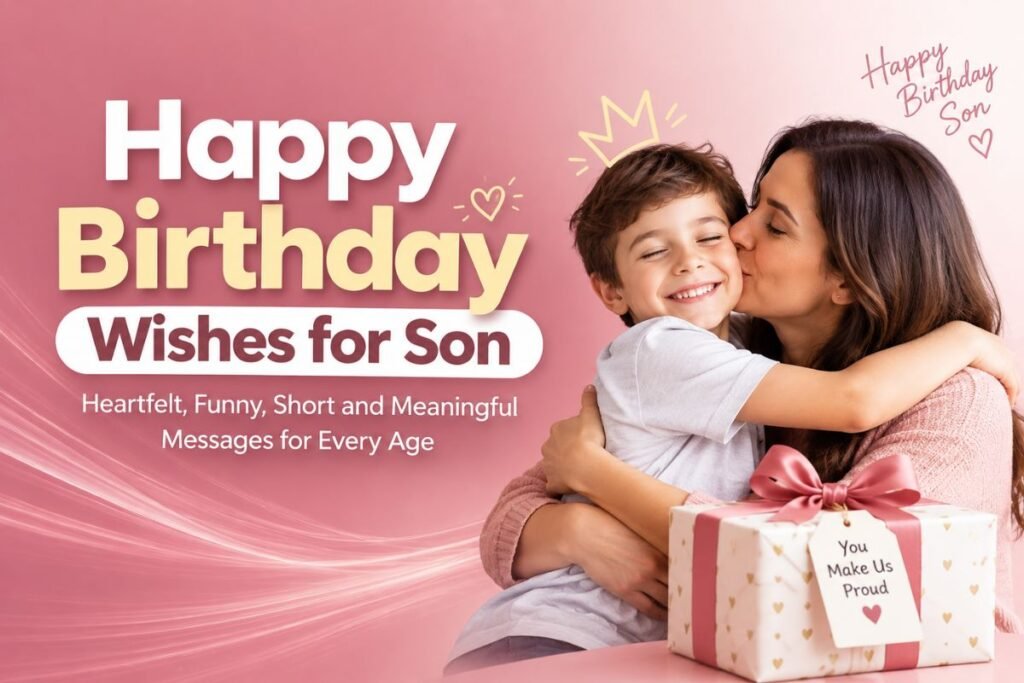 Happy birthday wishes for son with a mother hugging her smiling son
