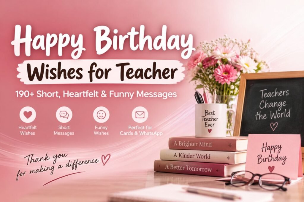 Happy Birthday wishes for teacher with books, flowers, birthday card, and teacher-themed desk