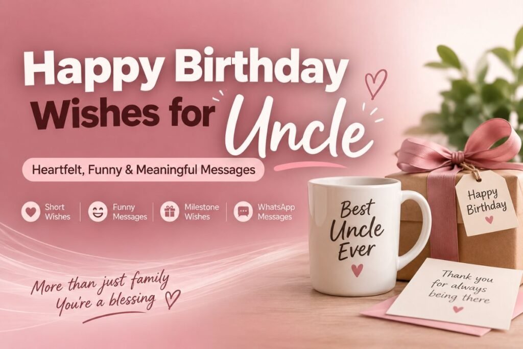 Happy Birthday Wishes for Uncle with a birthday cake, gift box, and greeting card on a soft pink background
