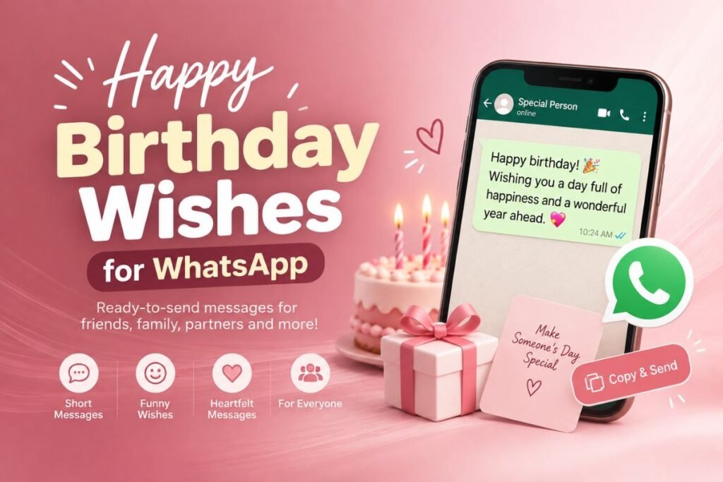 Happy Birthday Wishes for WhatsApp with birthday cake, gift, and WhatsApp message