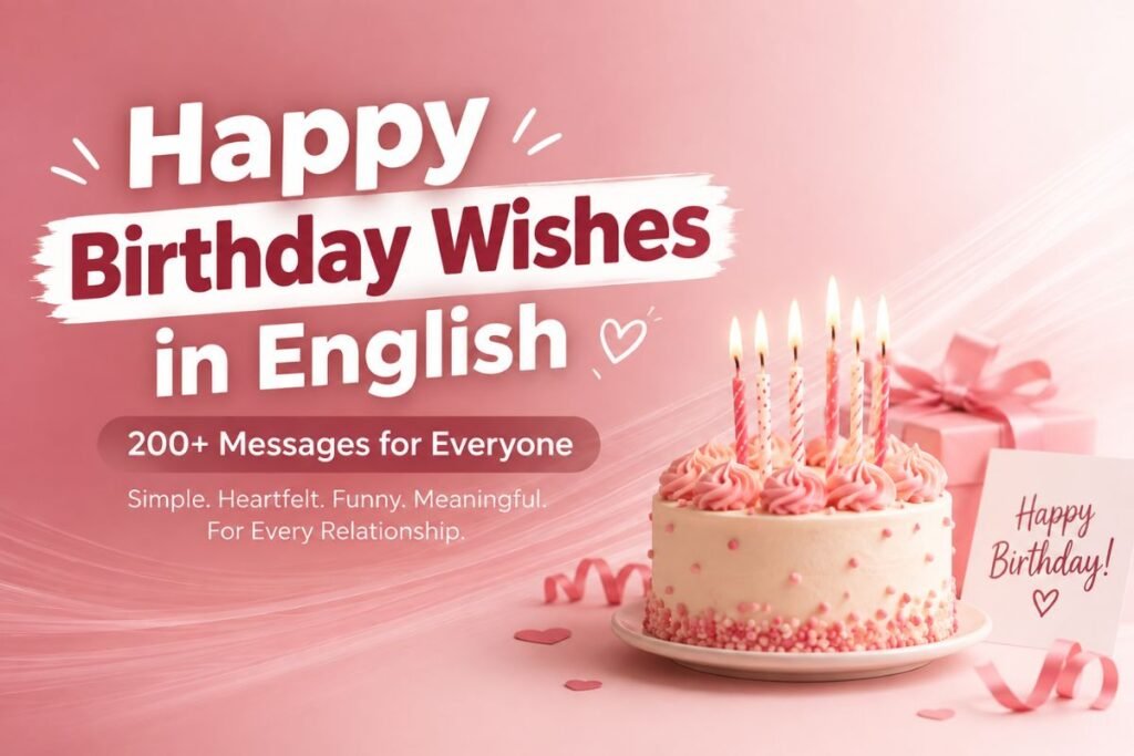 Happy Birthday Wishes in English with a birthday cake, candles, gifts, and birthday message