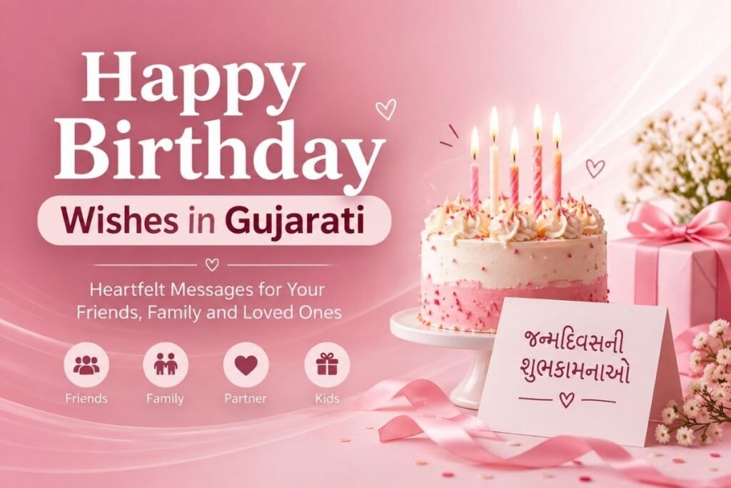 Happy Birthday Wishes in Gujarati with a birthday cake, gift, and Gujarati birthday greeting card