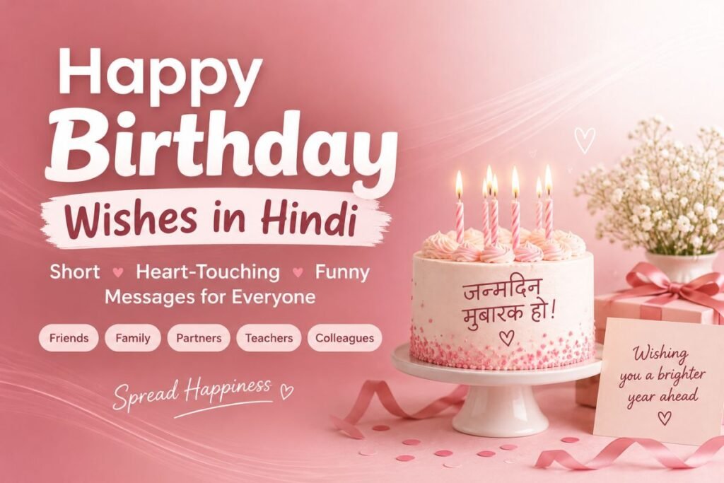 Happy Birthday Wishes in Hindi with a birthday cake, balloons, and festive decorations