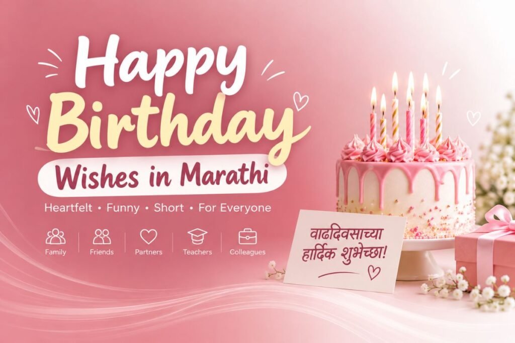 Happy Birthday Wishes in Marathi with a pink birthday cake, candles, gift box, and Marathi birthday greeting card