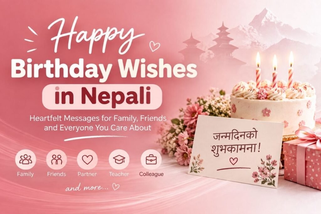 Happy Birthday Wishes in Nepali with a birthday cake and Nepali birthday greeting