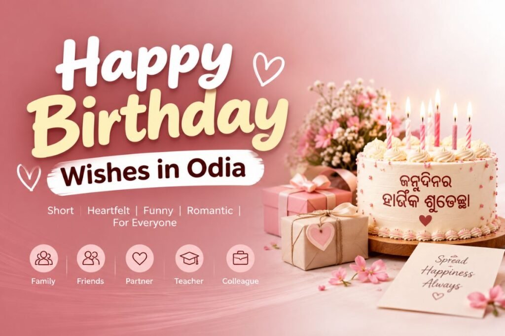 Happy Birthday Wishes in Odia with a birthday cake, gifts, flowers, and Odia birthday greeting text