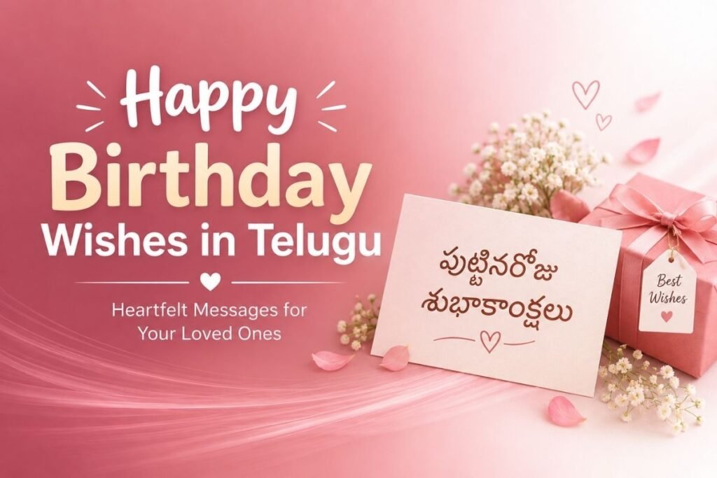 Happy Birthday Wishes in Telugu with a Telugu birthday greeting card, flowers, and gift box