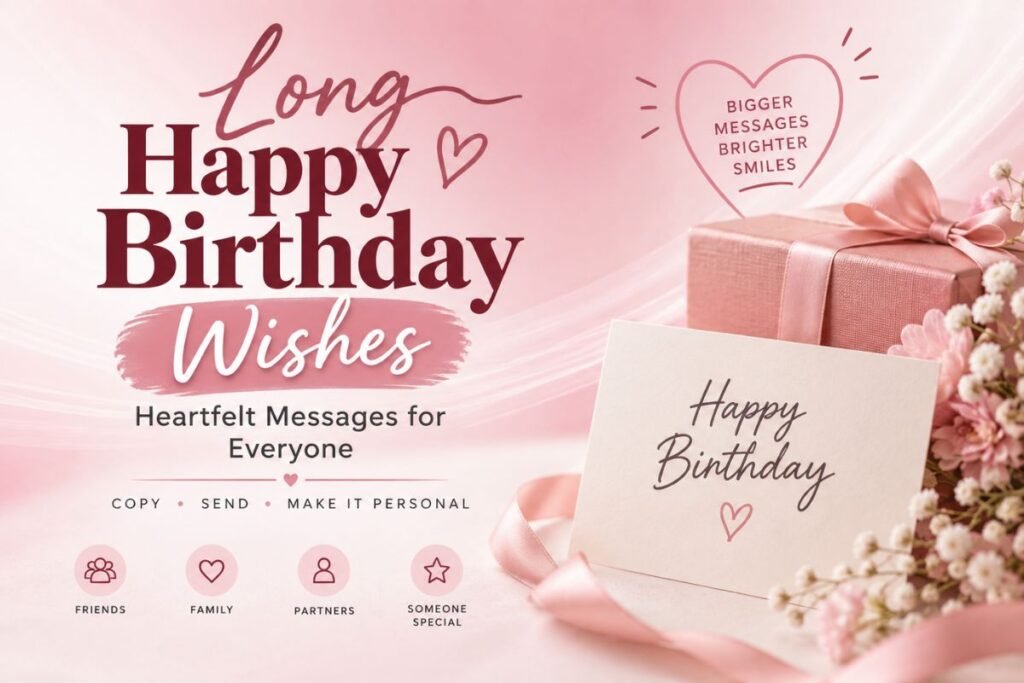 Long happy birthday wishes with heartfelt birthday messages for friends, family, partners, and someone special