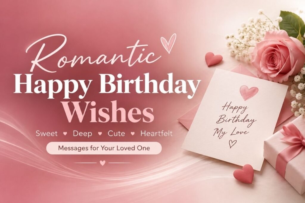 Romantic happy birthday wishes with a pink rose, birthday card, gift box, hearts, and loving birthday message for your partner