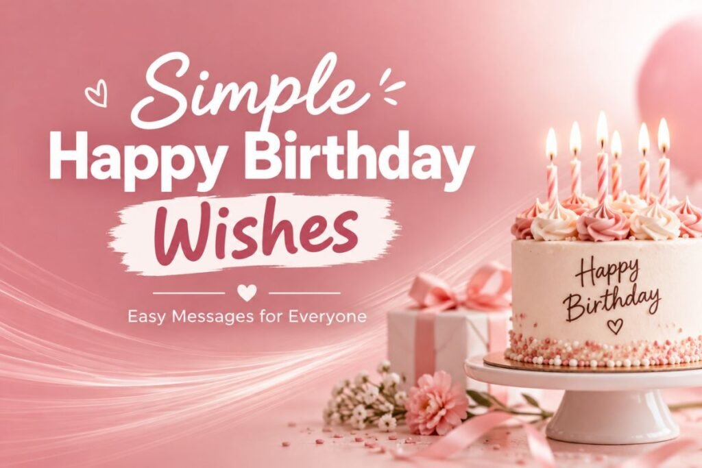 Simple happy birthday wishes with a birthday cake and gifts