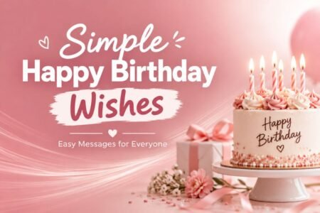 Simple happy birthday wishes with a birthday cake and gifts
