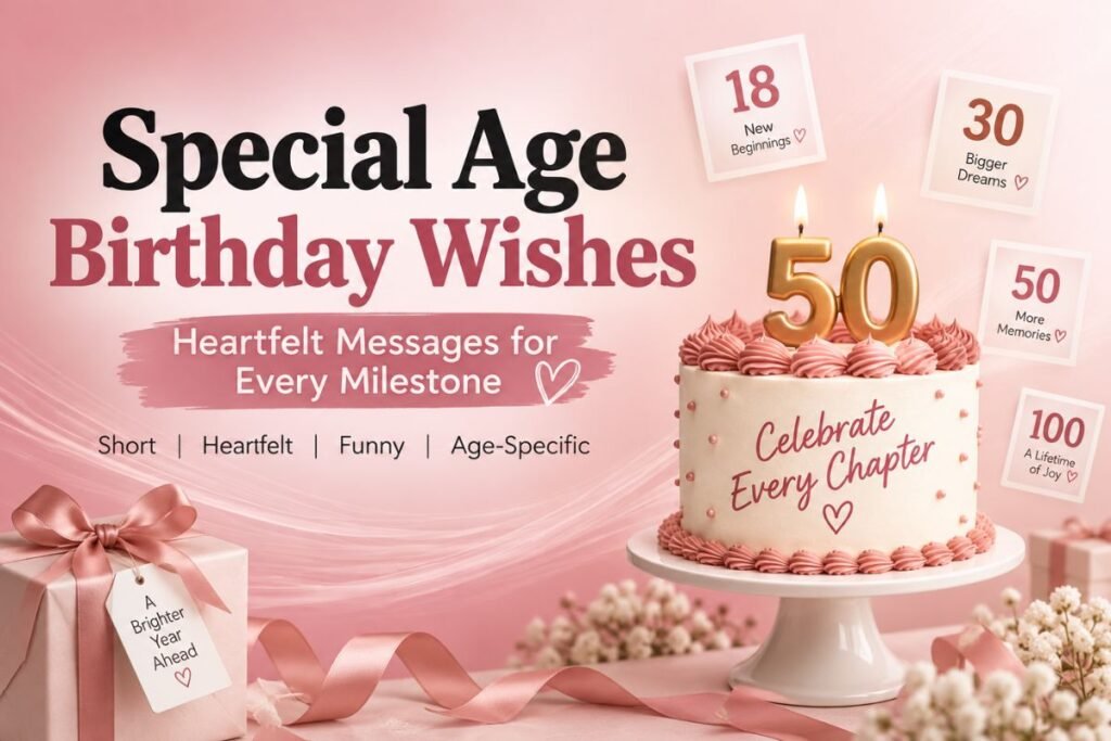 Special age birthday wishes for every milestone with a birthday cake and age cards