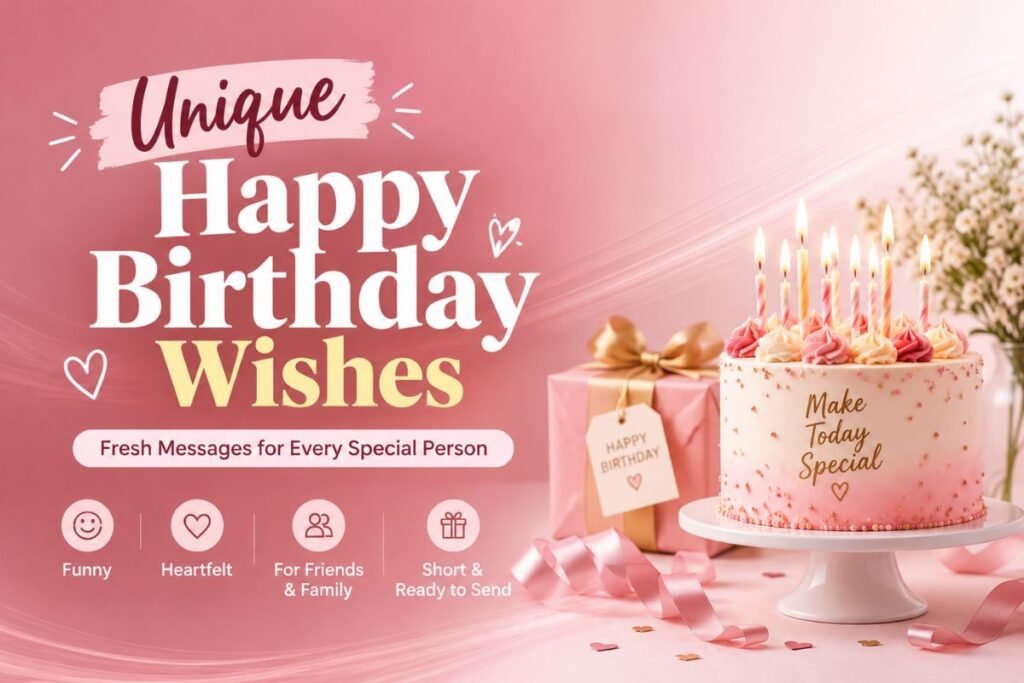 Unique happy birthday wishes with a birthday cake, gifts, and celebratory decorations