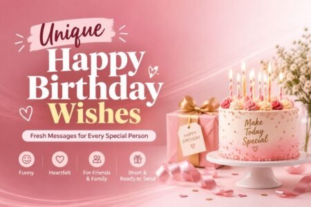 Unique happy birthday wishes with a birthday cake, gifts, and celebratory decorations